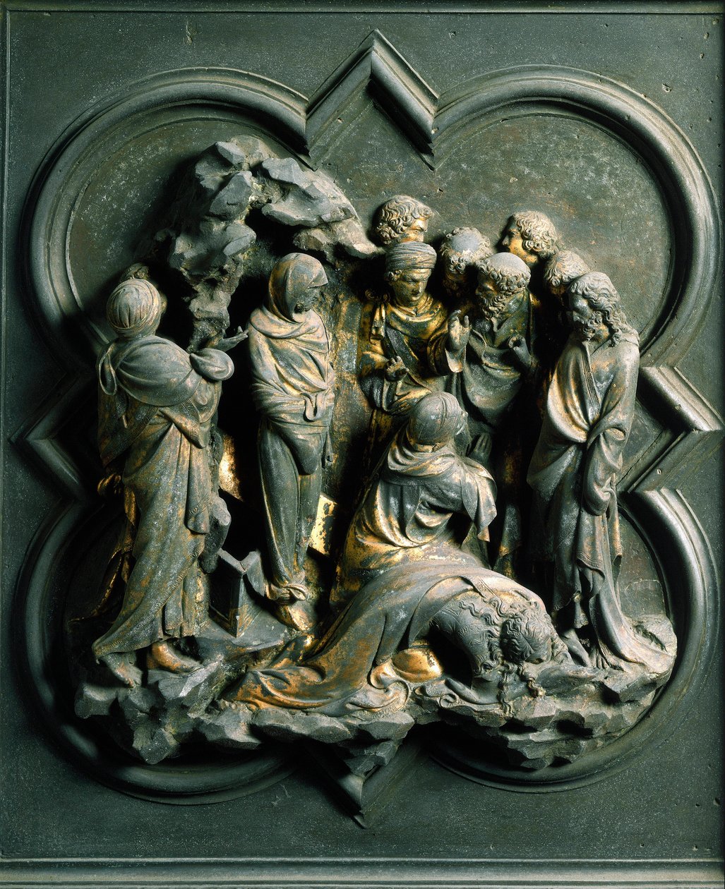 Porta Norte (chamada Porta da Cruz, no Norte), detalhe exterior: "a ressurreição de Lázaro" escultura de bronze feita por Lorenzo Ghiberti (1378-1455) de Lorenzo Ghiberti