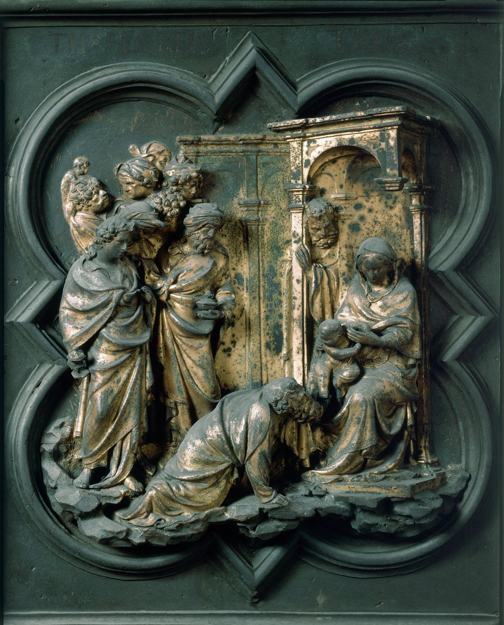 Porta Norte (chamada Porta da Cruz, para o Norte), detalhe exterior: Adoração dos Magos. Escultura em bronze feita por Lorenzo Ghiberti (1378-1455) de Lorenzo Ghiberti