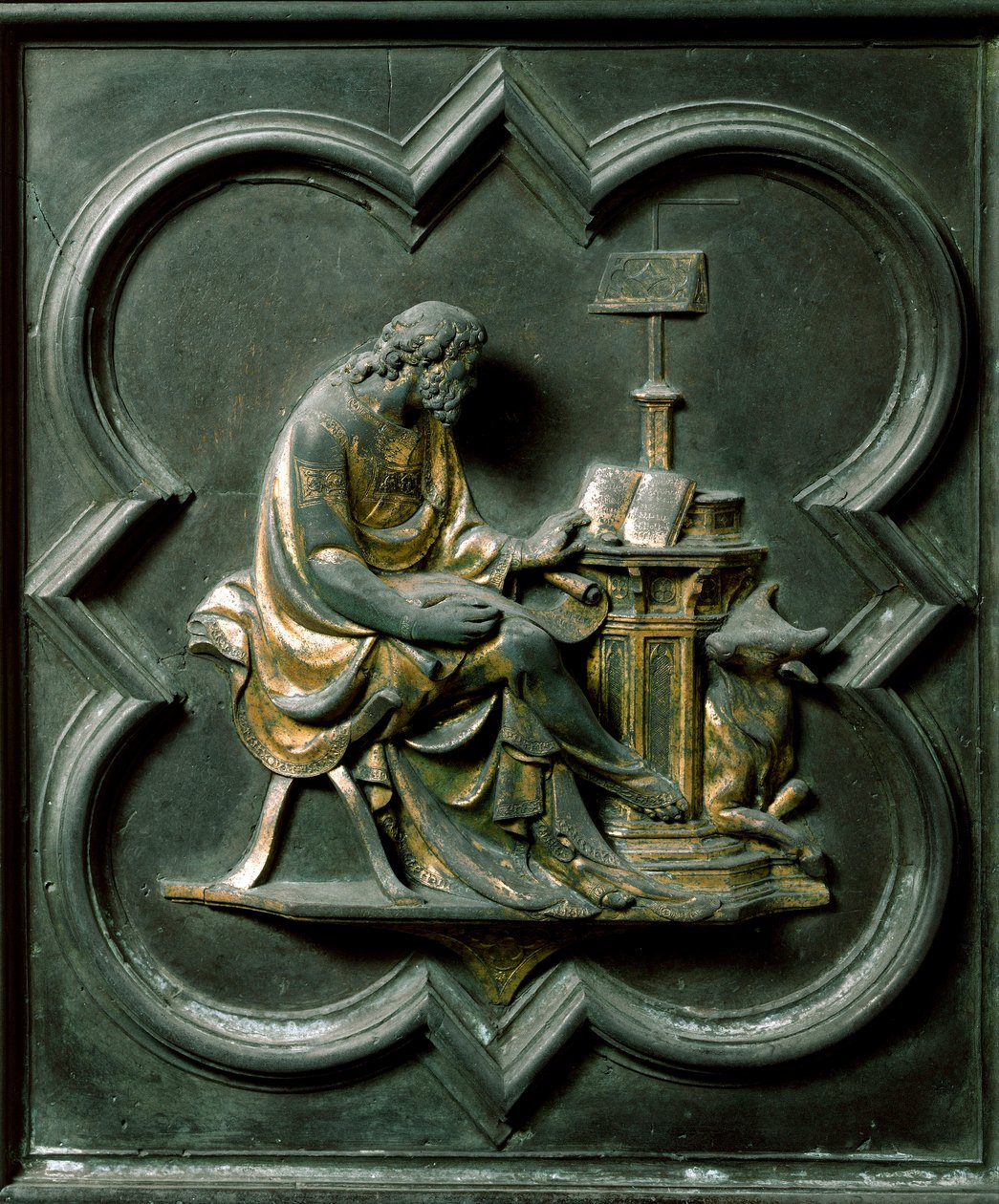 Porta Norte (chamada Porta da Cruz, para o Norte), detalhe exterior: evangelista de São Lucas. Escultura de bronze feita por Lorenzo Ghiberti (1378-1455) de Lorenzo Ghiberti