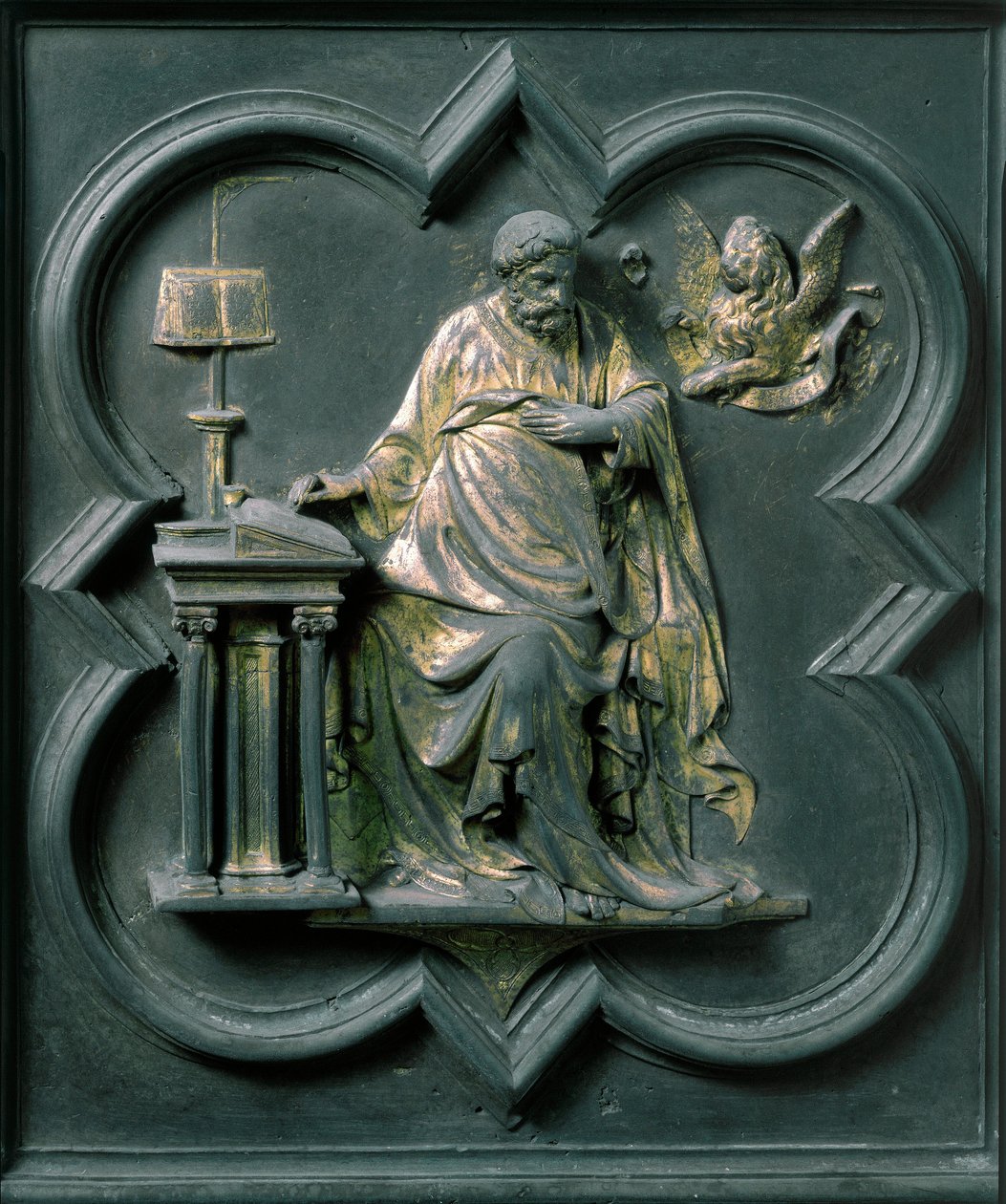 Porta Norte (chamada Porta da Cruz, para o Norte), detalhe exterior: São Marcos. Escultura em bronze feita por Lorenzo Ghiberti (1378-1455) de Lorenzo Ghiberti