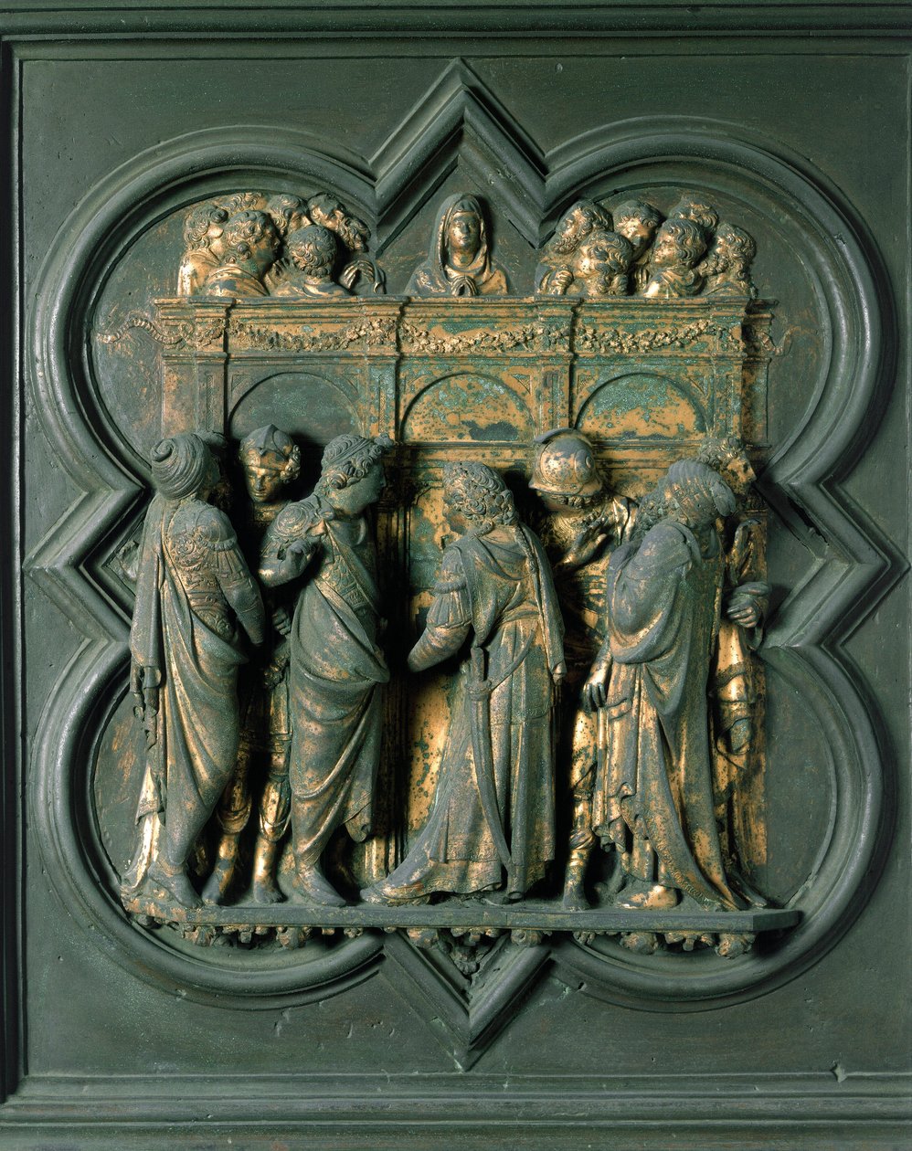 Porte Norte (chamada Porte de la Croix, no Norte), detalhe exterior: Escultura de bronze "Pentecote" de Lorenzo Ghiberti (1378-1455) de Lorenzo Ghiberti