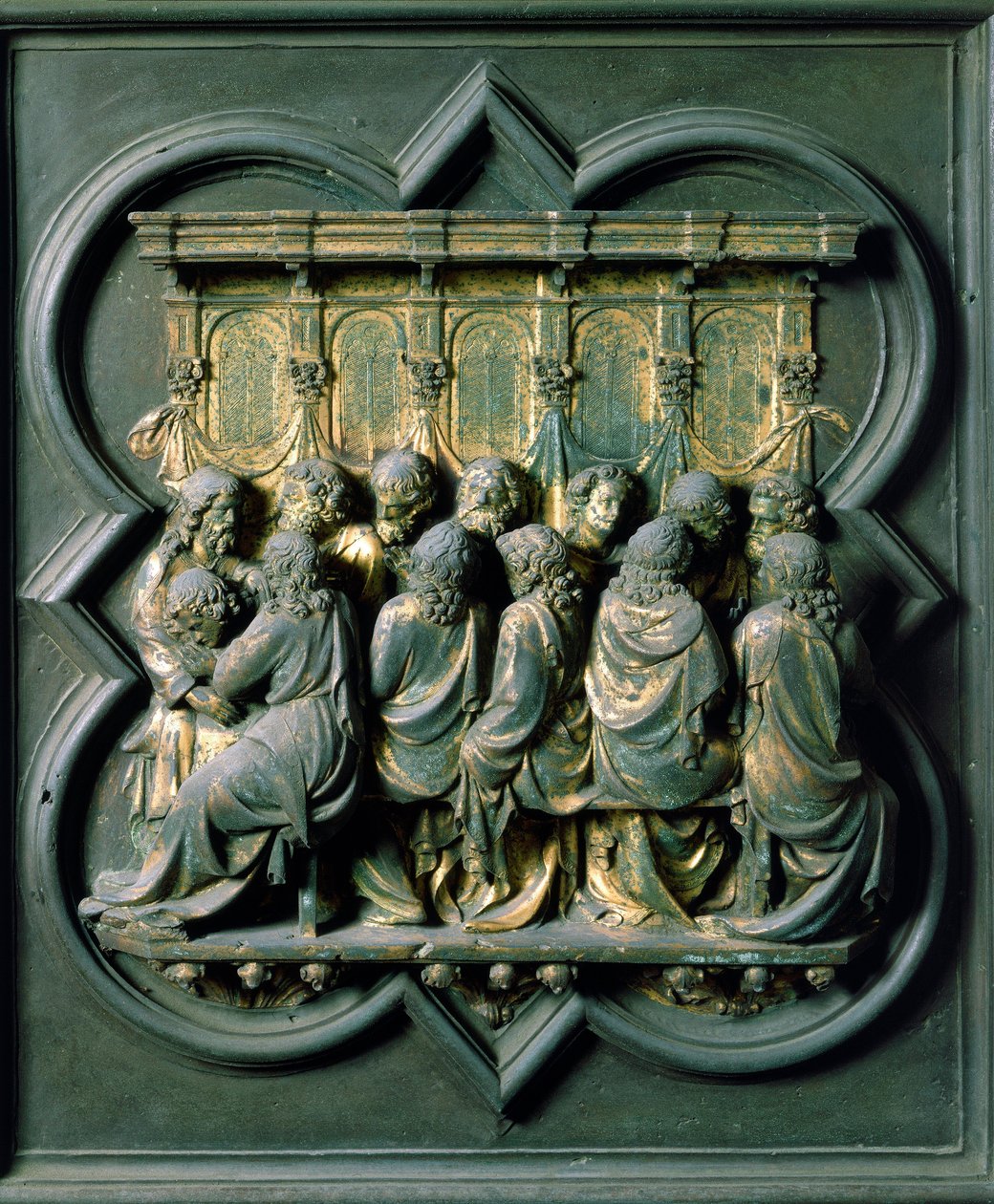 Porte Norte (chamada Porte de la Croix, no Norte), detalhe exterior: escultura de bronze "la Cene" de Lorenzo Ghiberti (1378-1455) de Lorenzo Ghiberti