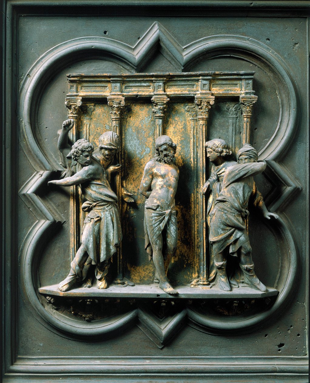 Porte Norte (chamada Porte de la Croix, no Norte), detalhe exterior: "la flagellation" escultura de bronze feita por Lorenzo Ghiberti (1378-1455) de Lorenzo Ghiberti