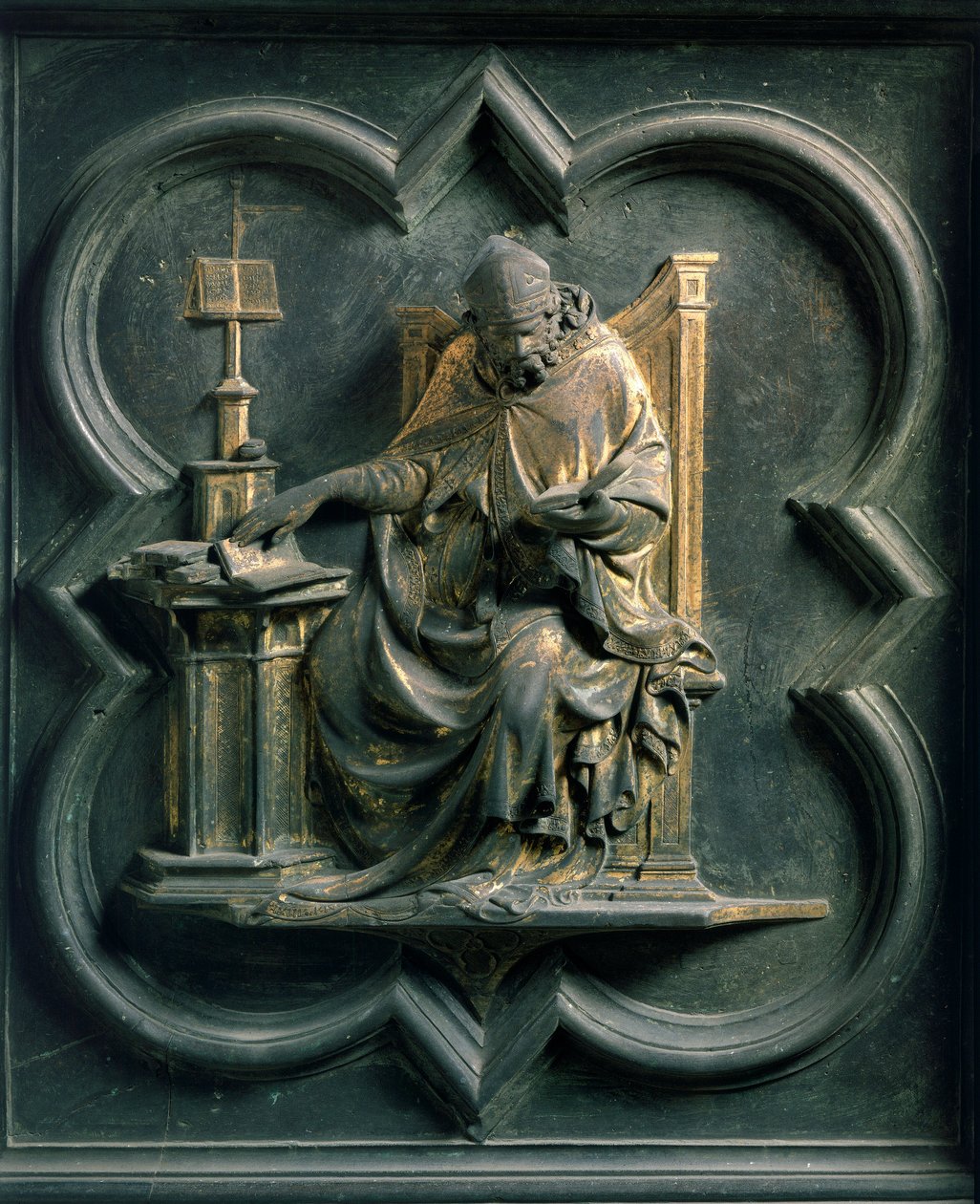 Porte Norte (chamada Porte de la Croix, norte), detalhe exterior: Santo Ambrósio. Escultura em bronze feita por Lorenzo Ghiberti (1378-1455) de Lorenzo Ghiberti