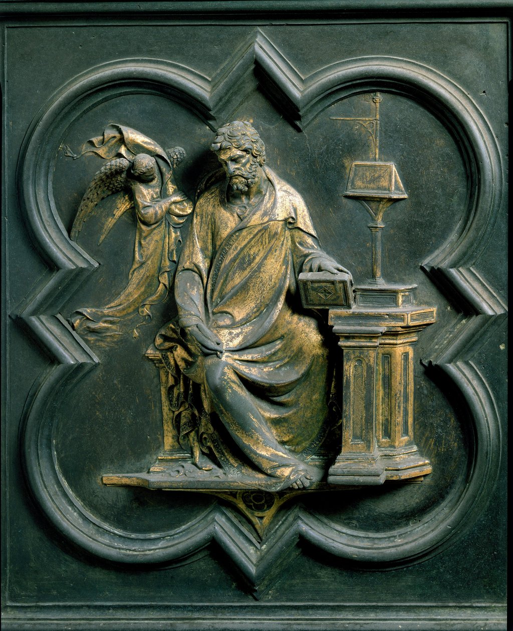 Porta Norte (chamada Porte de la Croix, para o Norte), detalhe exterior: Saint Mathieu. Escultura em bronze feita por Lorenzo Ghiberti (1378-1455) de Lorenzo Ghiberti