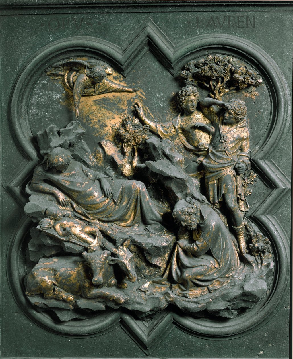 Porte Norte (chamada Porte de la Croix, ao Norte), detalhe exterior: o Nativite. Escultura em bronze feita por Lorenzo Ghiberti (1378-1455) de Lorenzo Ghiberti