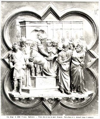 Pôncio Pilatos Lavando as Mãos, relevo das portas do Baptistério, c.1403 (bronze dourado) (foto a p/b) de Lorenzo Ghiberti