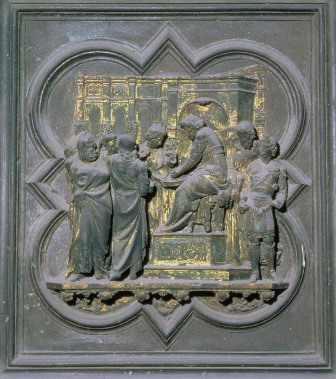Pôncio Pilatos Lavando as mãos diante de Cristo, décimo sexto painel das Portas do Norte do Batistério de San Giovanni, 1403-24 (bronze) de Lorenzo Ghiberti