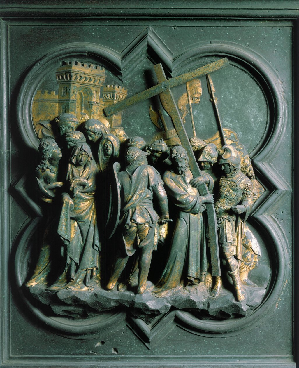 Porte Nord (chamada Porte de la Croix, no Norte), detalhe exterior: Escultura de bronze "The Montee to Calvary" feita por Lorenzo Ghiberti (1378-1455) de Lorenzo Ghiberti