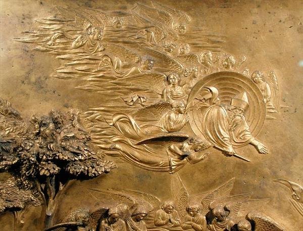 A História de Adão, detalhe de Deus Pai com Anjos, de um dos painéis originais das Portas Orientais do Baptistério de Lorenzo Ghiberti