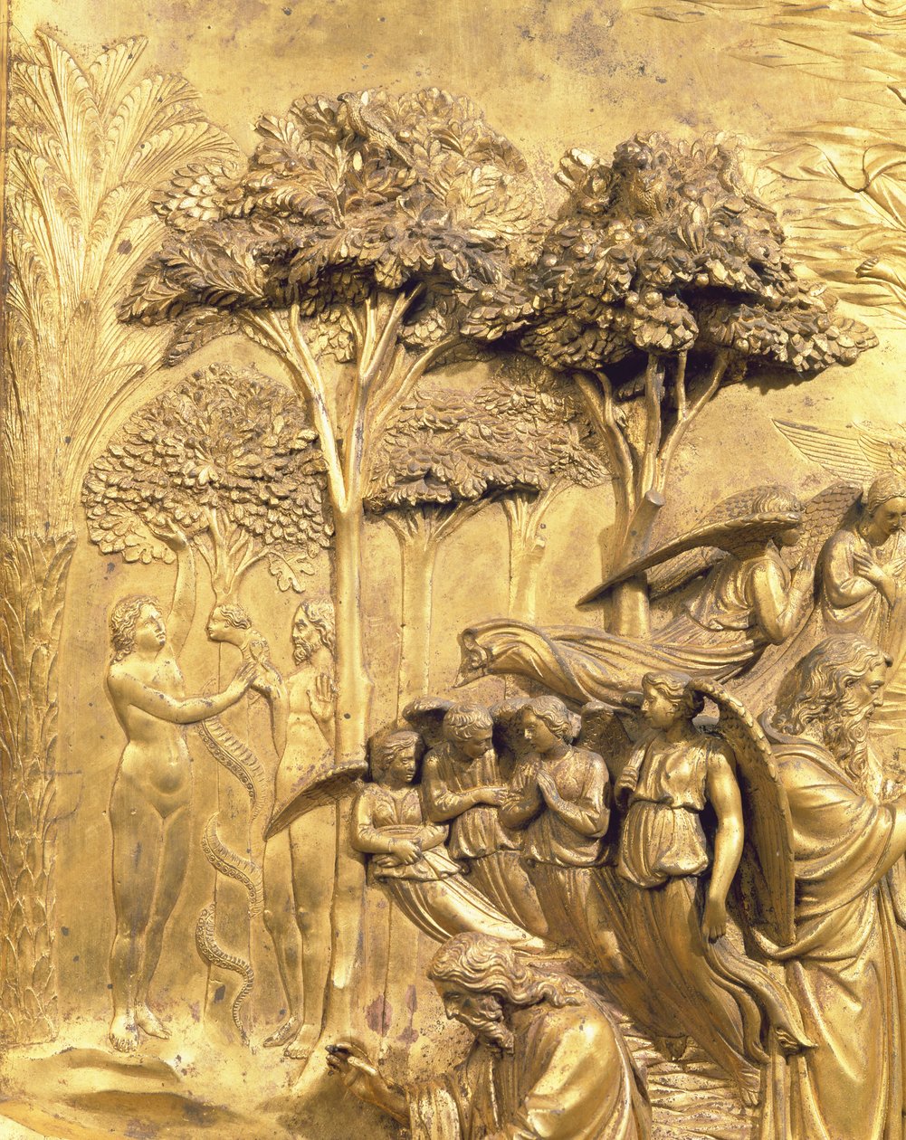 A História de Adão, detalhe da Tentação de Adão e Eva, de um dos painéis originais das Portas Orientais do Batistério, 1425-52 restauro pós bronze de Lorenzo Ghiberti