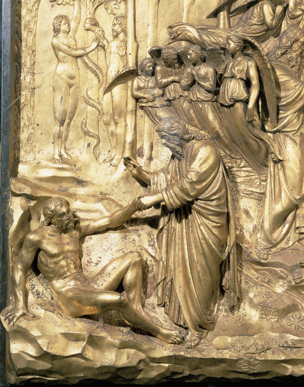 A História de Adão, detalhe da Criação de Adão e a Tentação de Adão e Eva, de um dos painéis originais das Portas Orientais do Batistério, restauro pós-bronze de 1425-52 de Lorenzo Ghiberti
