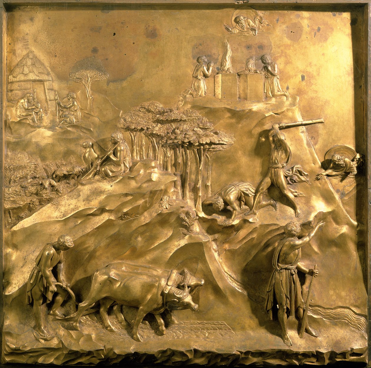 A História de Caim e Abel: O Sacrifício, O Assassinato de Abel e Deus Banindo Caim, painel original das Portas do Leste do Batistério, 1425-52 (bronze dourado) (pós-restauração) de Lorenzo Ghiberti