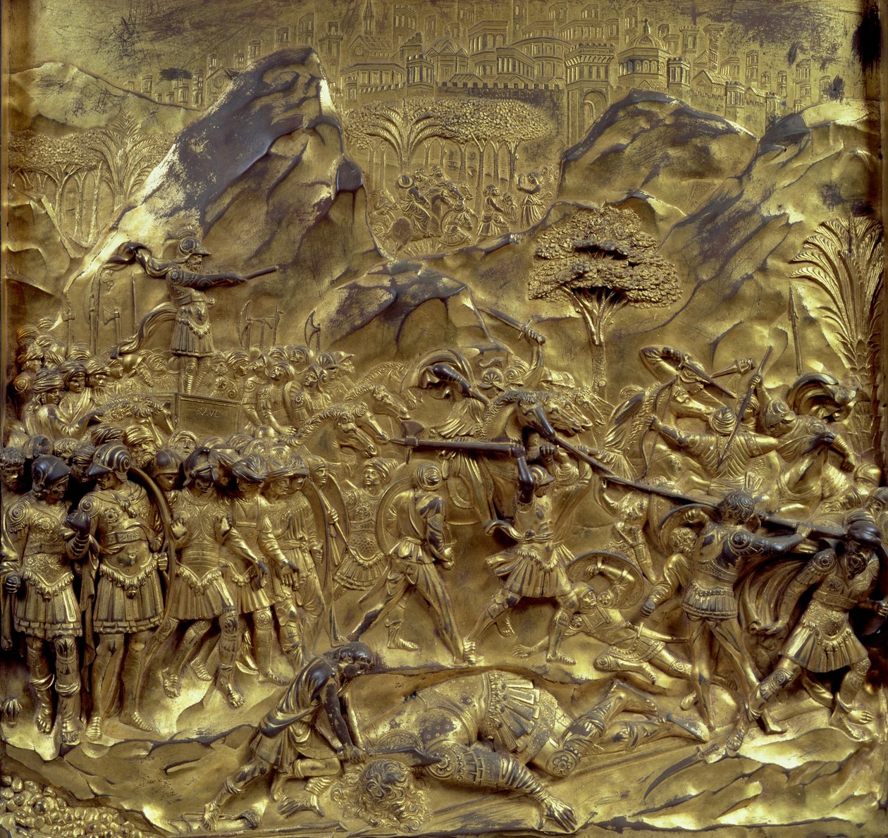 A História de Davi e Golias, um dos dez painéis de relevo das Portas do Paraíso (portas do leste), 1425-52 (bronze dourado) (ver também 87652-59 e 87661-67) de Lorenzo Ghiberti