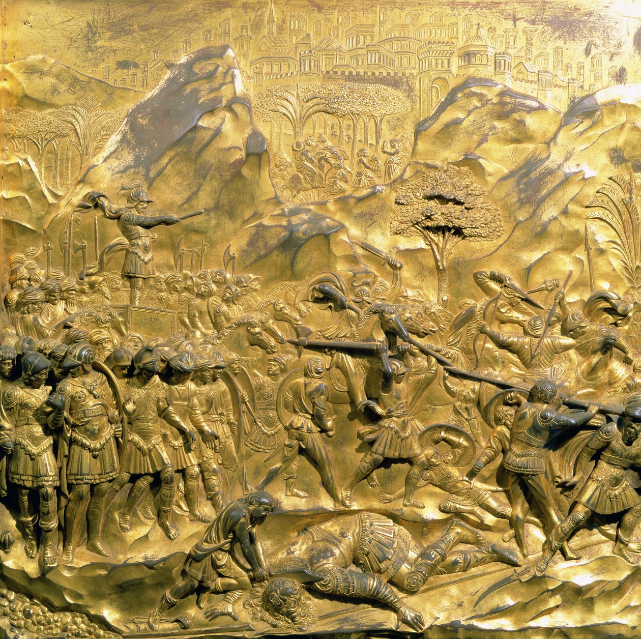A História de Davi e Golias, painel original das Portas do Leste do Batistério, 1425-52 (bronze dourado) (pós-restauração) de Lorenzo Ghiberti