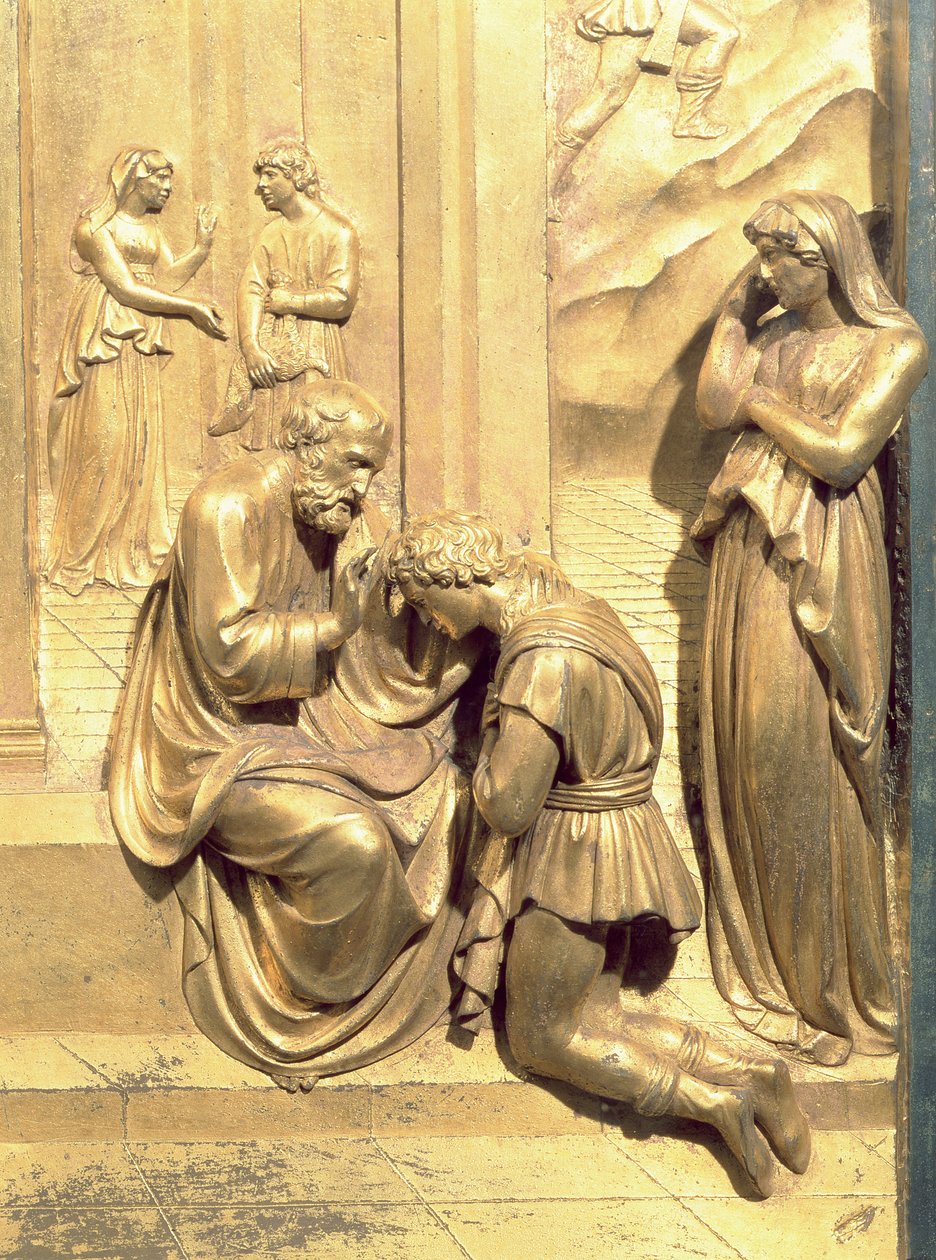A História de Jacó e Esaú, detalhe de Isaac Bênção Jacó, do painel original das Portas do Leste do Batistério, 1425-52 restauro pós bronze de Lorenzo Ghiberti