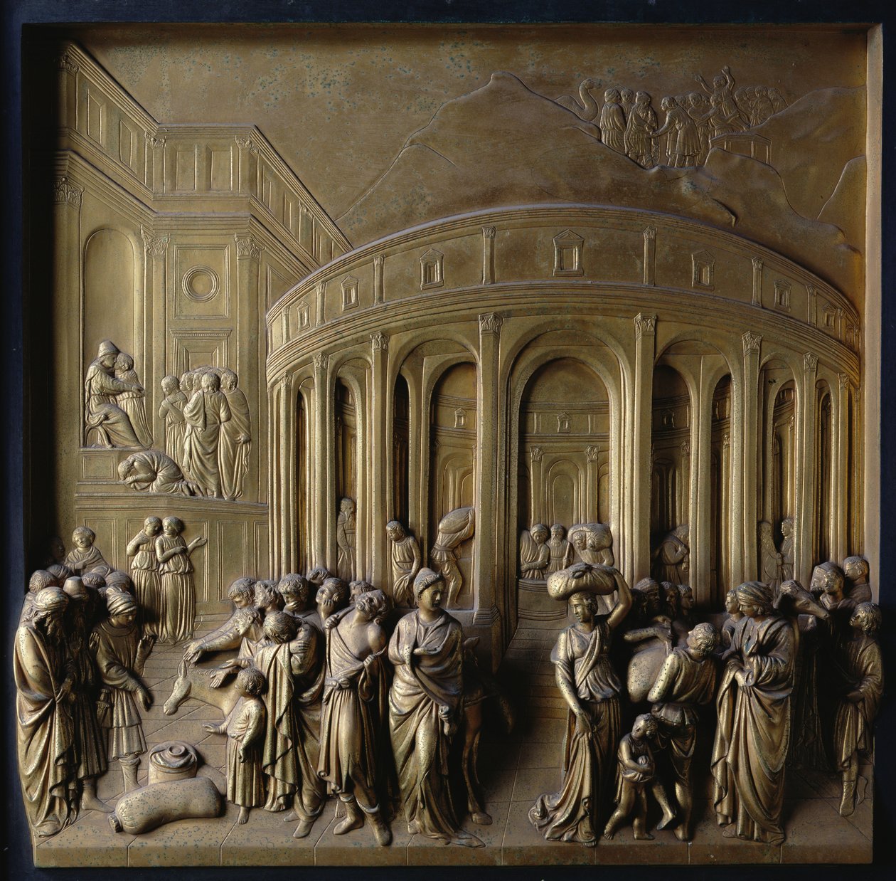 A história de Joseph: Joseph vendeu a escravidão, a descoberta da taça de prata e Joseph reconheceu por seus irmãos, um dos dez painéis de alívio dos Portões do Paraíso de Lorenzo Ghiberti