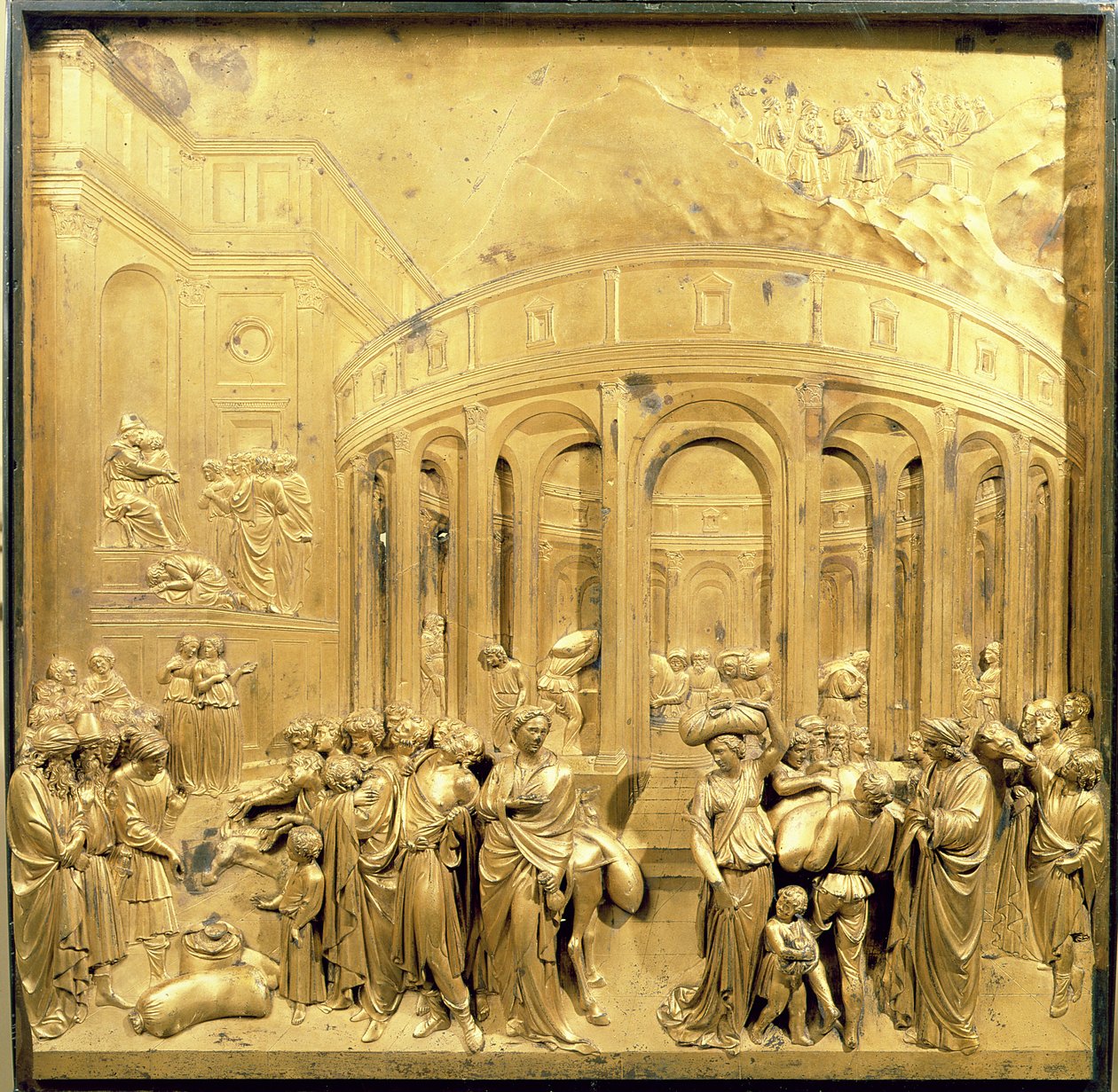 A História de José, painel original das Portas do Leste do Batistério, 1425-52 (bronze dourado) (pós-restauração) de Lorenzo Ghiberti