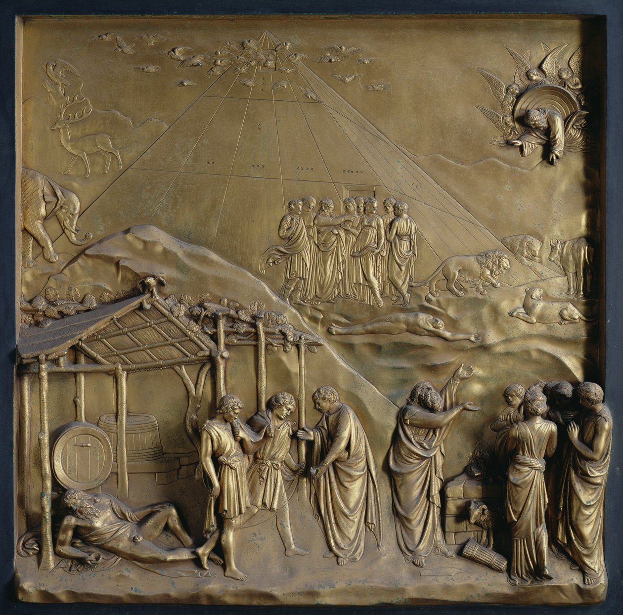 A História de Noé: o Êxodo da Arca, a Embriaguez de Noé e seu Sacrifício a Deus, um dos dez painéis de socorro das Portas do Paraíso (portas do leste), 1425-52 (bronze dourado) (ver também 87652-53). de Lorenzo Ghiberti