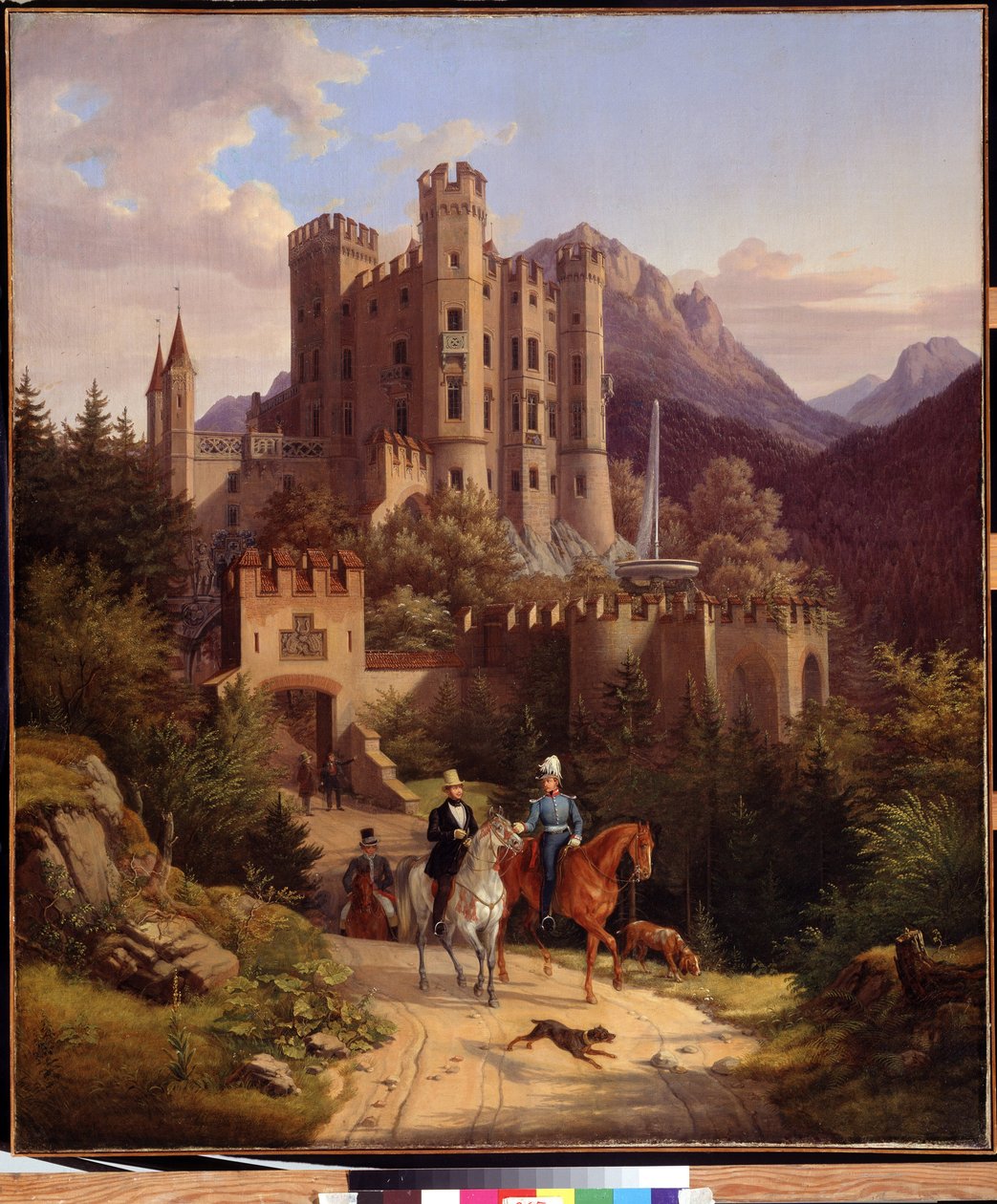 Le prince couronne Maximilien a cheval, Hohenschwangau (O príncipe herdeiro Maximilian cavalgando em Hohenschwangau). Maximiliano II da Baviera (1811-1864) em frente ao seu castelo de Hohenschwangau na Baviera (Alemanha). Pintura de Lorenzo II Quaglio (179 de Lorenzo II Quaglio