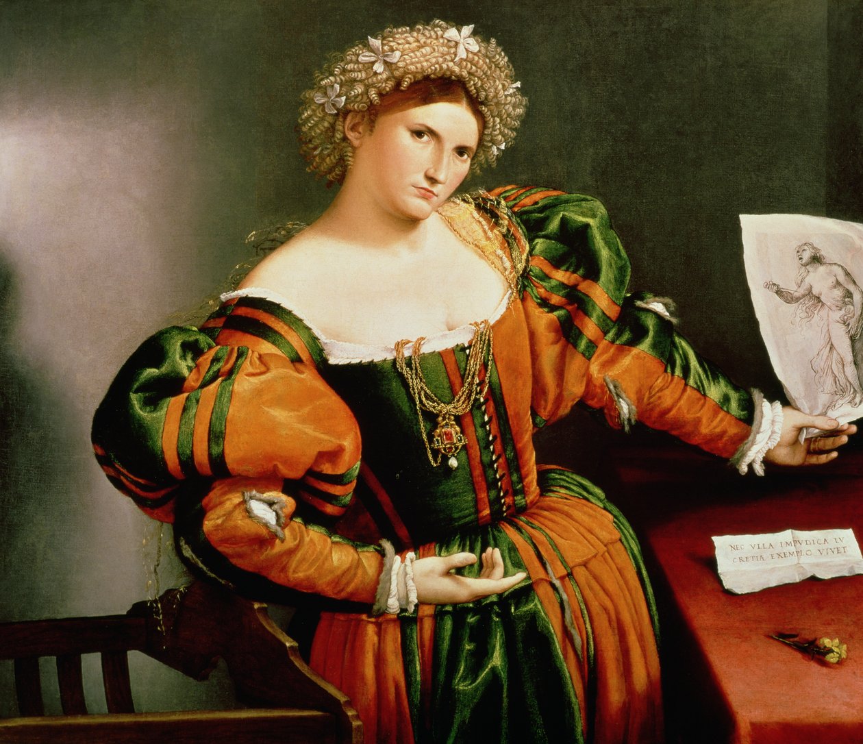 Uma Dama com um Desenho de Lucrécia, c.1530-33 (óleo sobre tela transferido da madeira) de Lorenzo Lotto