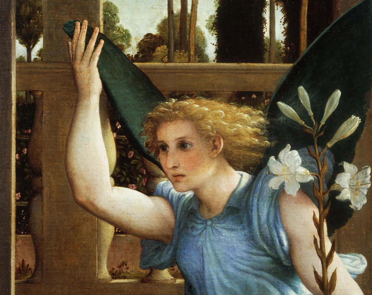 Anunciando Anjo, detalhe da Anunciação, ca 1434, de Lorenzo Lotto (1480-1556), óleo sobre tela de Lorenzo Lotto