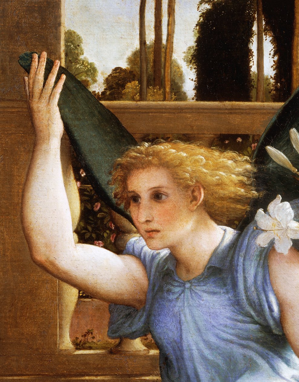Anunciando Anjo, detalhe da Anunciação, ca 1434, de Lorenzo Lotto (1480-1556), óleo sobre tela de Lorenzo Lotto