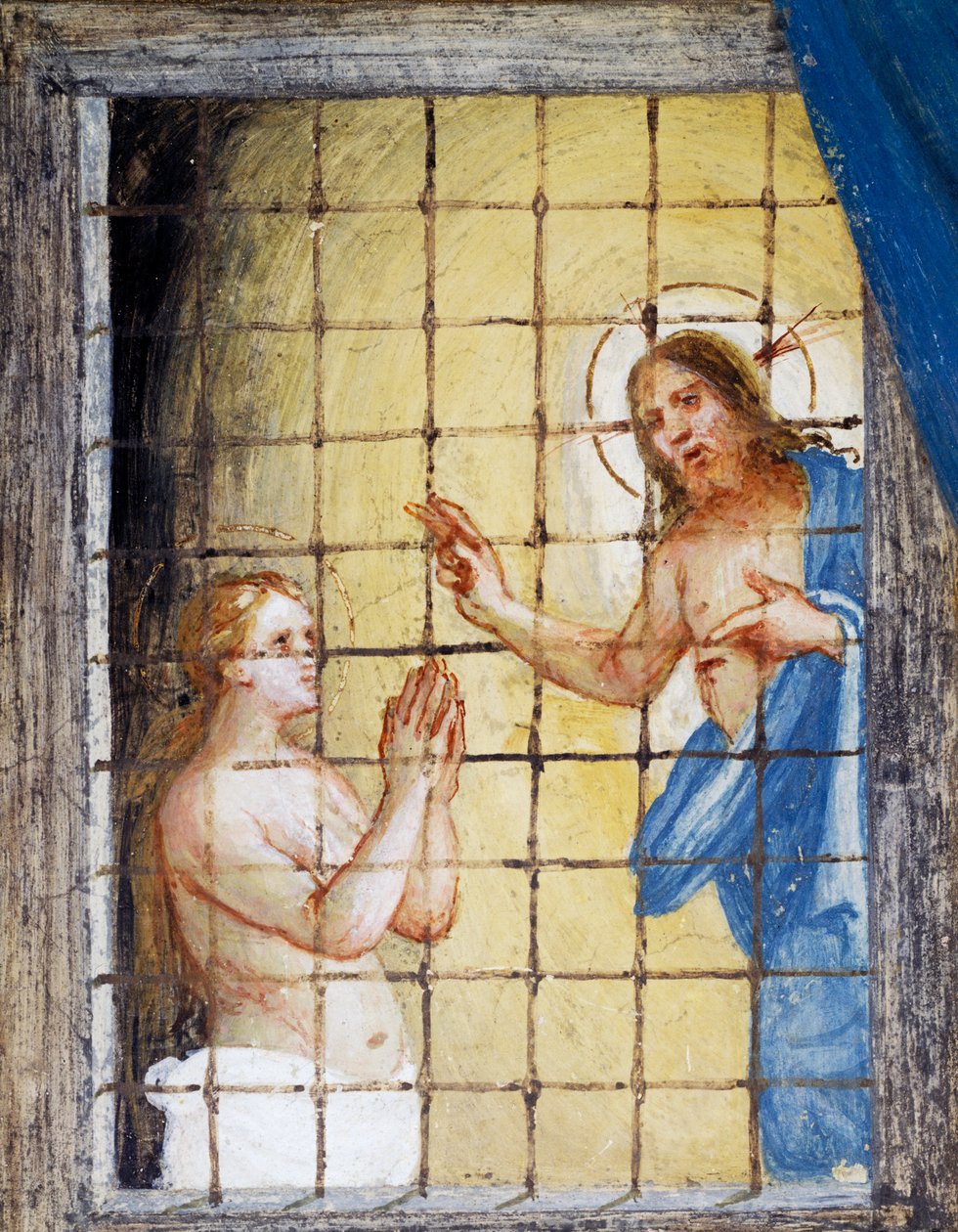 Cristo visitando Santa Bárbara na prisão e curando-a, detalhe de Histórias de Santa Bárbara de Lorenzo Lotto