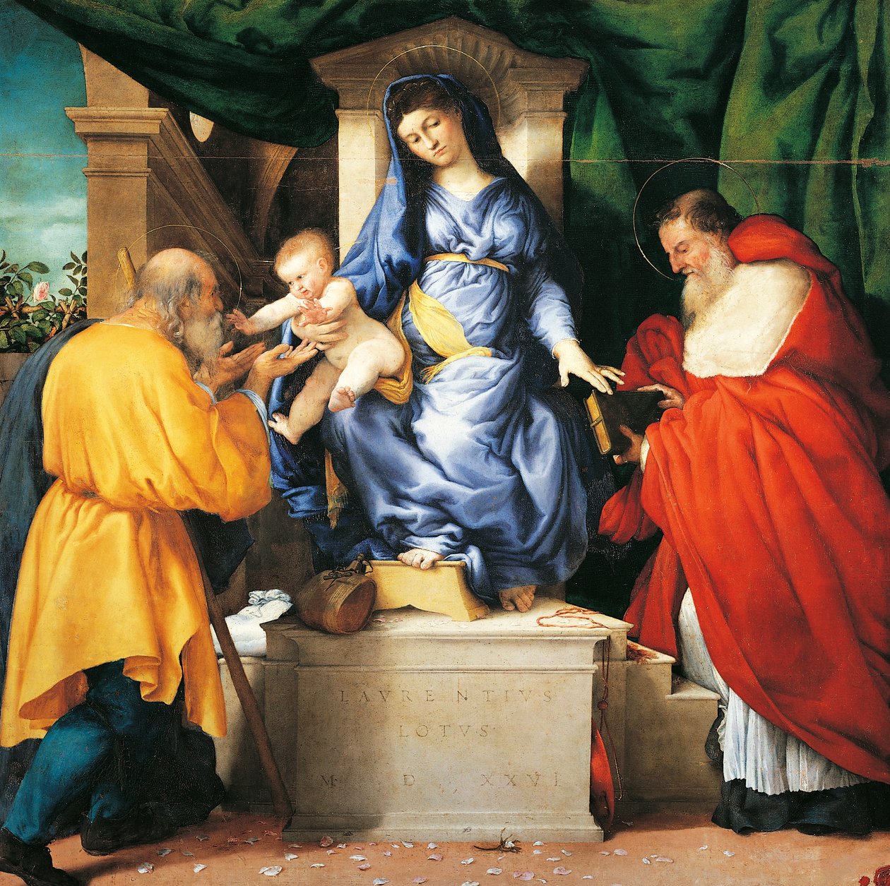 Entronizada Madona e Criança com Santos Giuseppe e Jerônimo, o painel central do Altar de San Francesco al Monte, cerca de 1525, de Lorenzo Lotto (1480 ca- 1556), óleo sobre tela de Lorenzo Lotto