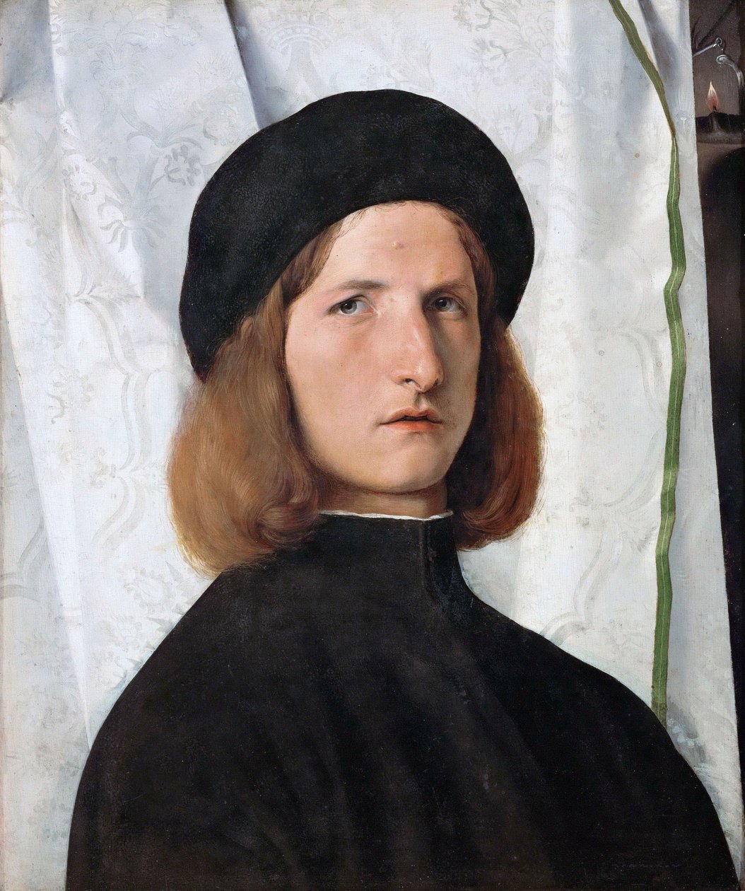 Alemão: Bildnis eines Jünglings vor weißem Vorhang Retrato de um jovem com um candeeiro de Lorenzo Lotto