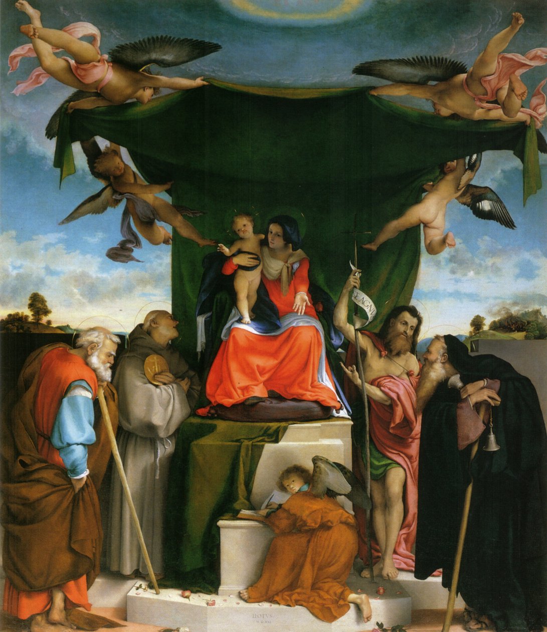 Alemão: Thronende Madonna, Engel und Heilige Madonna entronizada com criança, anjos e santos de Lorenzo Lotto