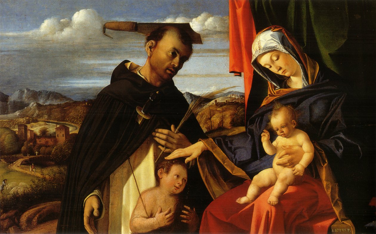 Italiano:  Madonna col Bambino e San Pietro Martire Madonna e o Menino com os jovens São João Batista e São Pedro Mártir de Lorenzo Lotto