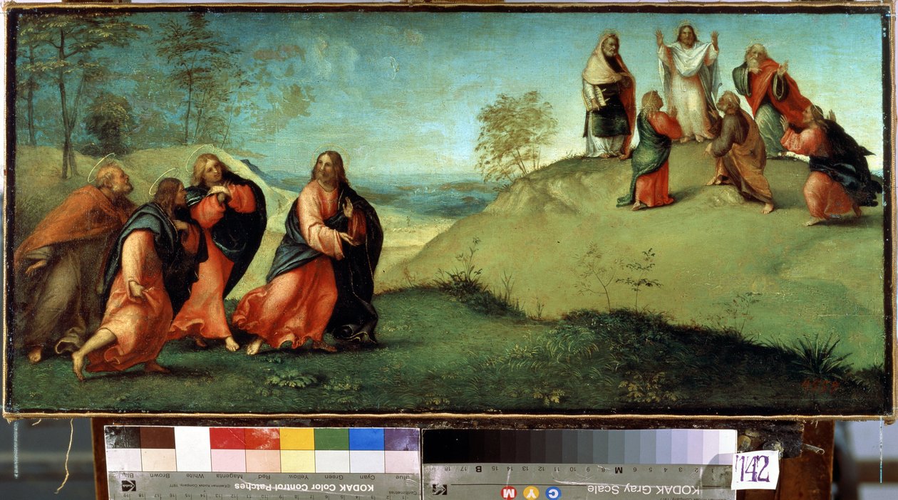 Cristo conduzindo os apóstolos ao monte Tabor. Local da transfiguração de Cristo localizado em Israel. Pintura de Lorenzo Lotto (1480-1556) de Lorenzo Lotto