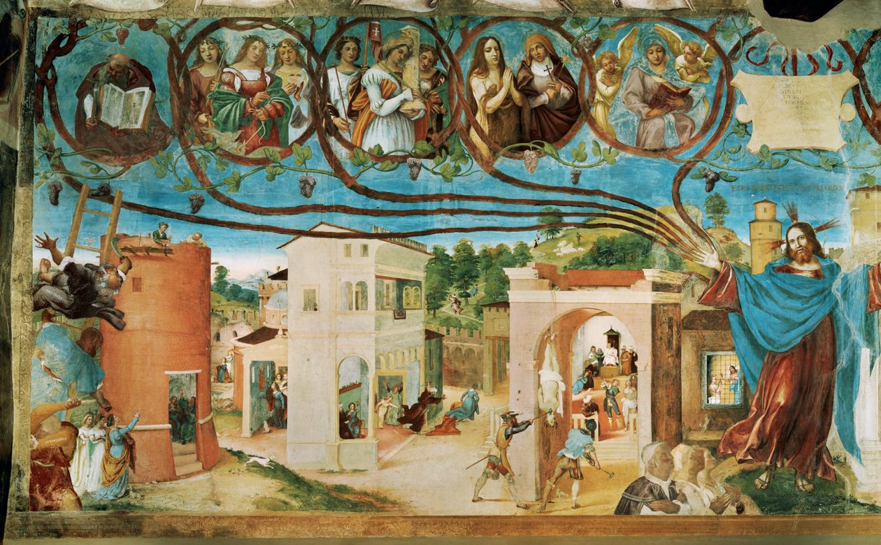 Lado esquerdo da Capella Suardi, Igreja de Santa Bárbara em Bergamo ... (pintura mural) de Lorenzo Lotto
