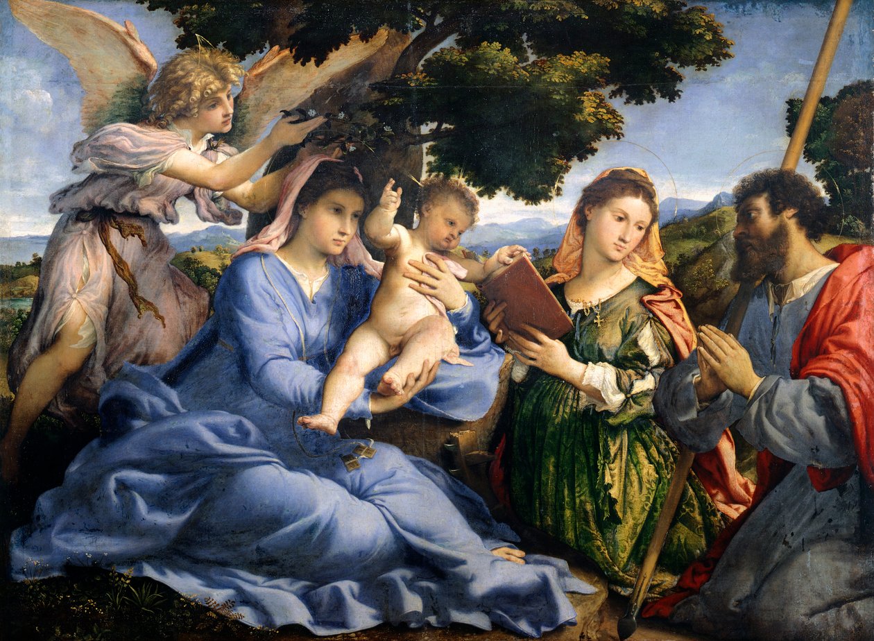 Madona e Criança entre os Santos Catarina de Alexandria e Tomé por Lorenzo Lotto (1480 ca- 1556), óleo sobre tela de Lorenzo Lotto