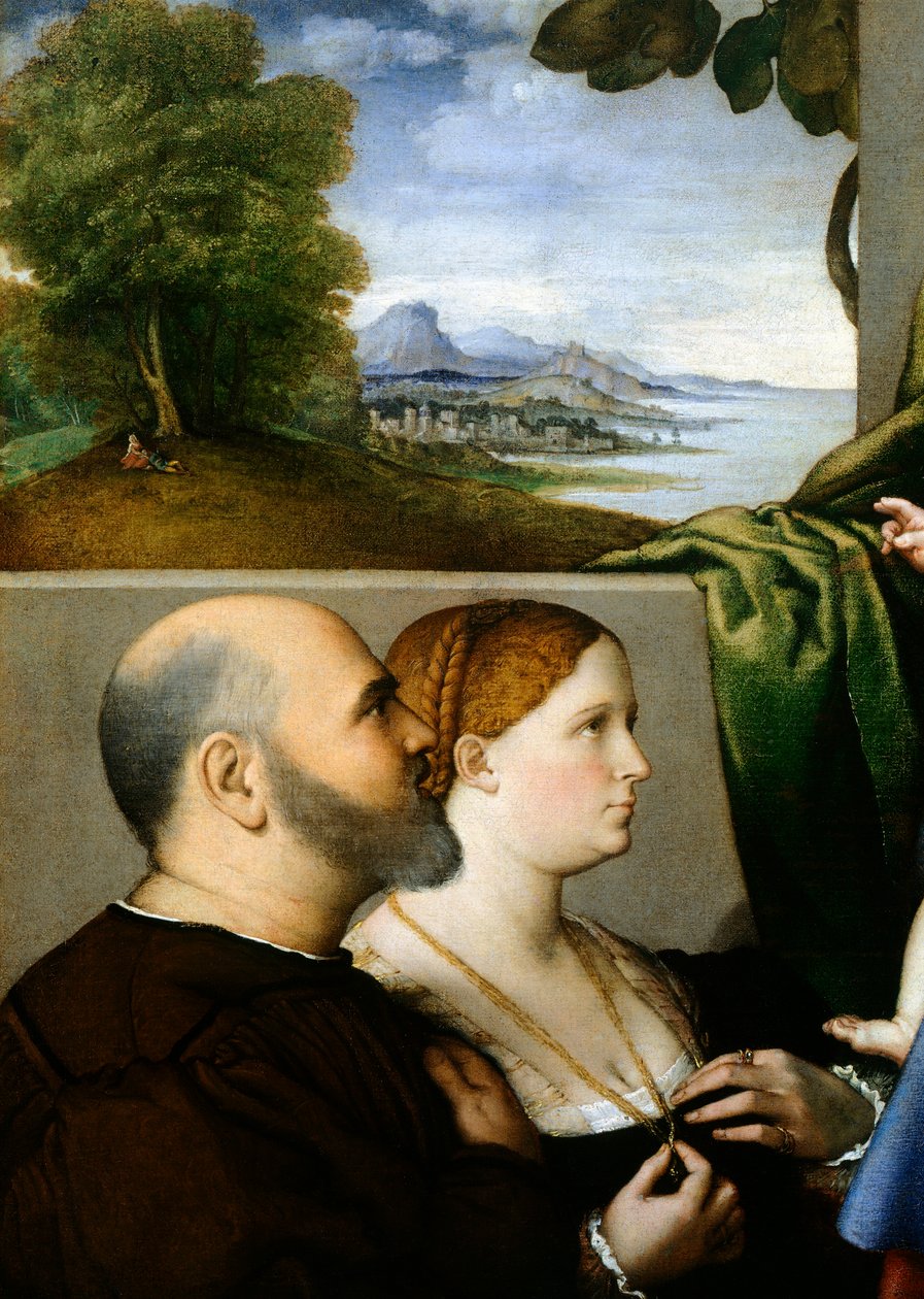 Madonna and Child with Two Donors, de Lorenzo Lotto (1480 ca- 1556), óleo sobre tela, 857x1155 cm, detalhe de Lorenzo Lotto