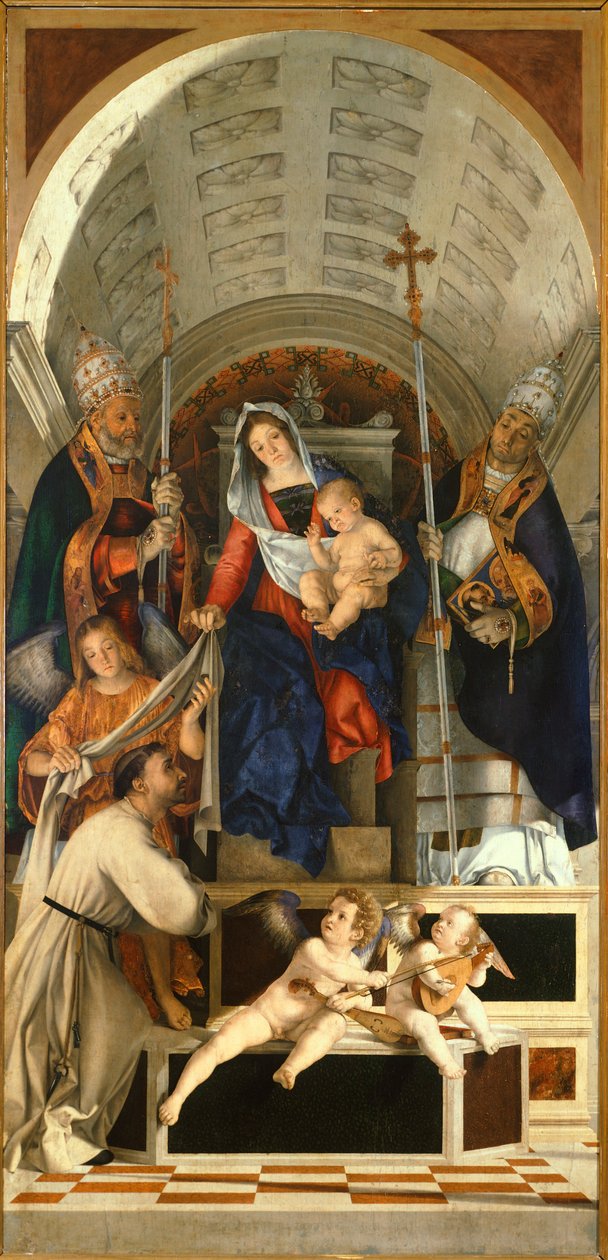 Madonna com Criança e Santos Domingos, Gregório e Urbano, mesa principal do San Domenico Altarpiece from Recanati de Lorenzo Lotto (1480 ca- 1556), óleo sobre tela, 227x108 cm de Lorenzo Lotto