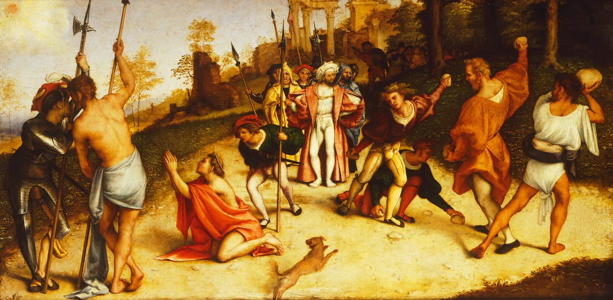 Martírio de Santo Estêvão, divisão de Martinengo Altarpiece de Lorenzo Lotto (1480 circa- 1556), óleo sobre painel, 51x97 cm, circa 1516 de Lorenzo Lotto