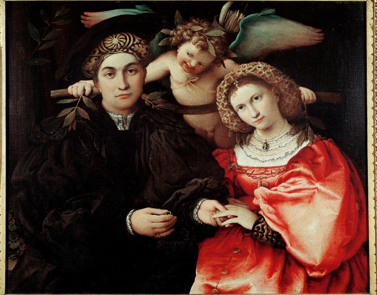 Mestre Marsilio (Marsilio Cassotti) e sua esposa (Faustina) Óleo sobre madeira por Lorenzo Lotto (ca. 1480-1556) 1523 Dim. 71x84 cm Madrid, Musee du Prado- Retratos de Marsilio Cassotti e sua esposa Faustina. Pintura de Lorenzo Lotto (1480-1556). Óleo sobr de Lorenzo Lotto