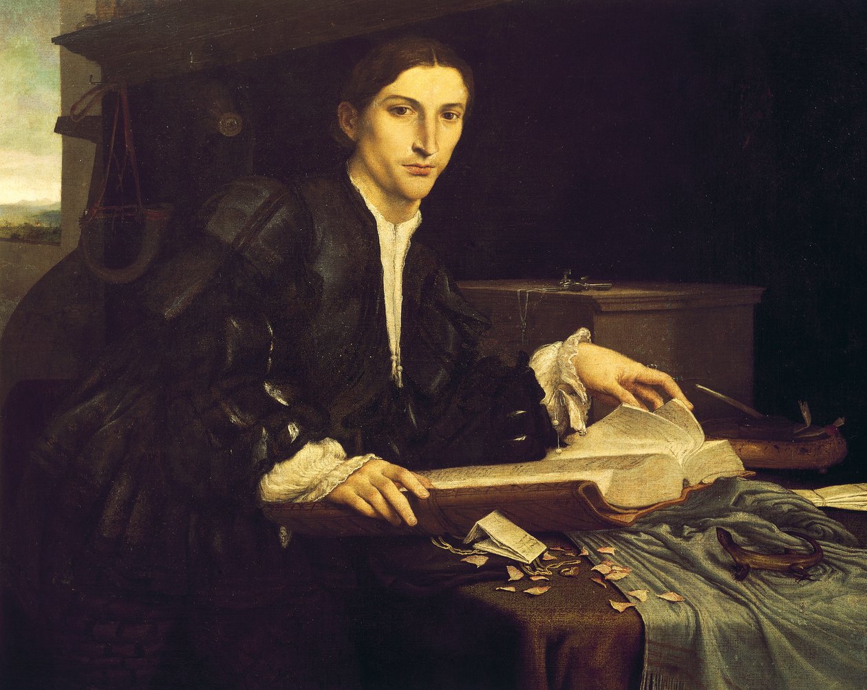 Retrato de um jovem cavalheiro no seu estúdio de Lorenzo Lotto