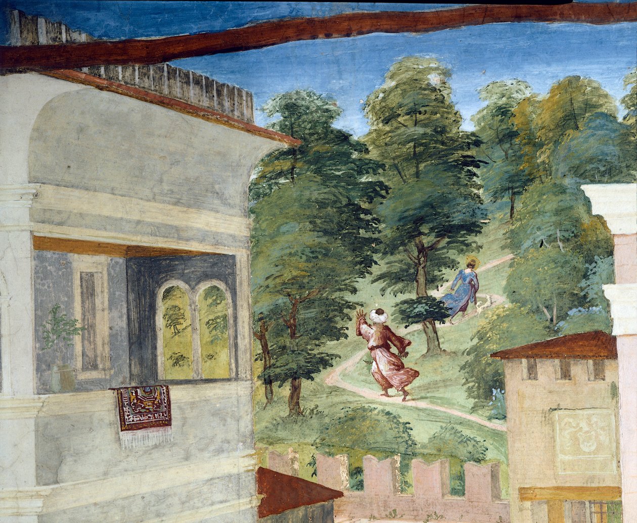 Santa Bárbara sendo perseguida pela floresta, Christ-Vine e Legenda de Santa Bárbara por Lorenzo Lotto (ca. 1480 - 1556), afresco, detalhe Villa Suardi, Capela Suardi, Trescore Balneario, Itália de Lorenzo Lotto