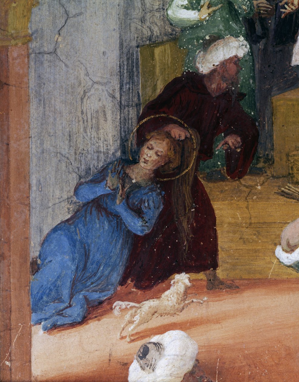 Santa Bárbara sendo arrastada pelos cabelos em frente ao magistrado, detalhe de Histórias de Santa Bárbara de Lorenzo Lotto