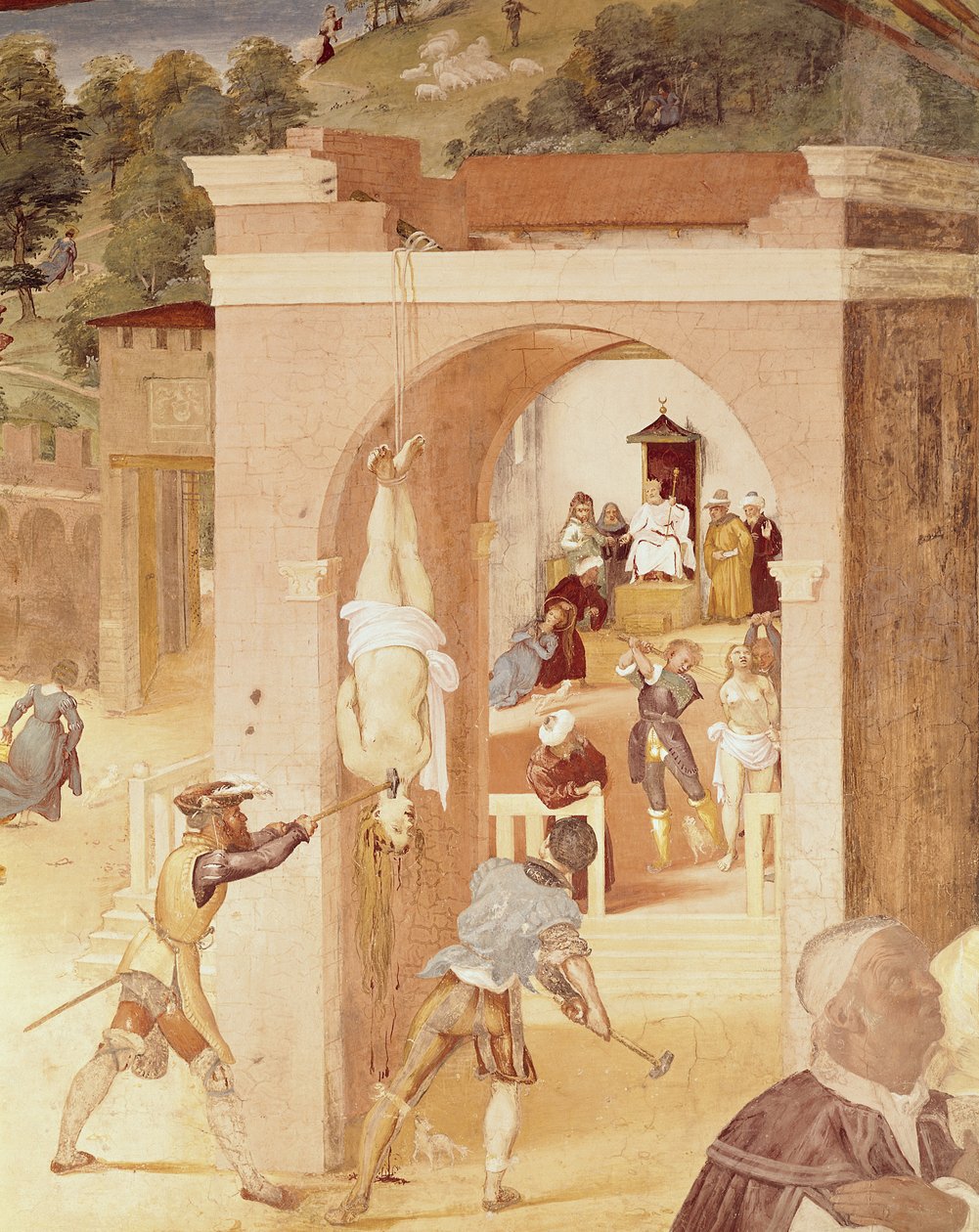 Cenas da Vida de Santa Bárbara, detalhe de Santa Bárbara entregue ao Prelado Romano, marciano, e depois torturado, 1523-24 de Lorenzo Lotto
