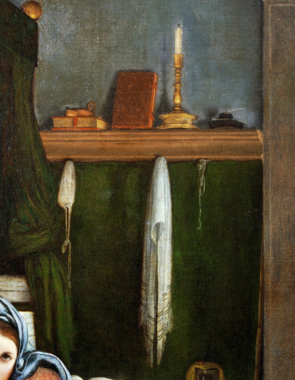 Prateleira com candelabro e livros, detalhe da Anunciação, ca 1434, de Lorenzo Lotto (1480-1556), óleo sobre tela de Lorenzo Lotto