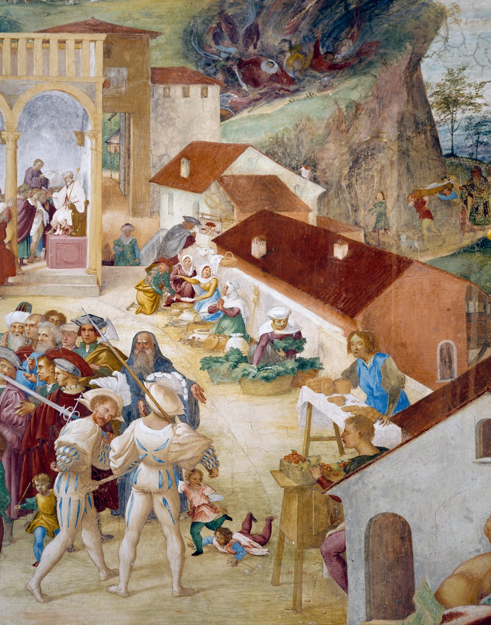 Soldados, pessoas comuns e mercado, detalhe de Histórias de Santa Bárbara de Lorenzo Lotto