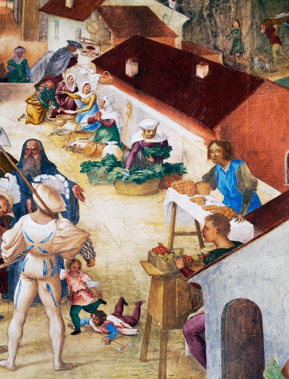 Soldados, camponeses e mercado, detalhe de Histórias de Santa Bárbara de Lorenzo Lotto