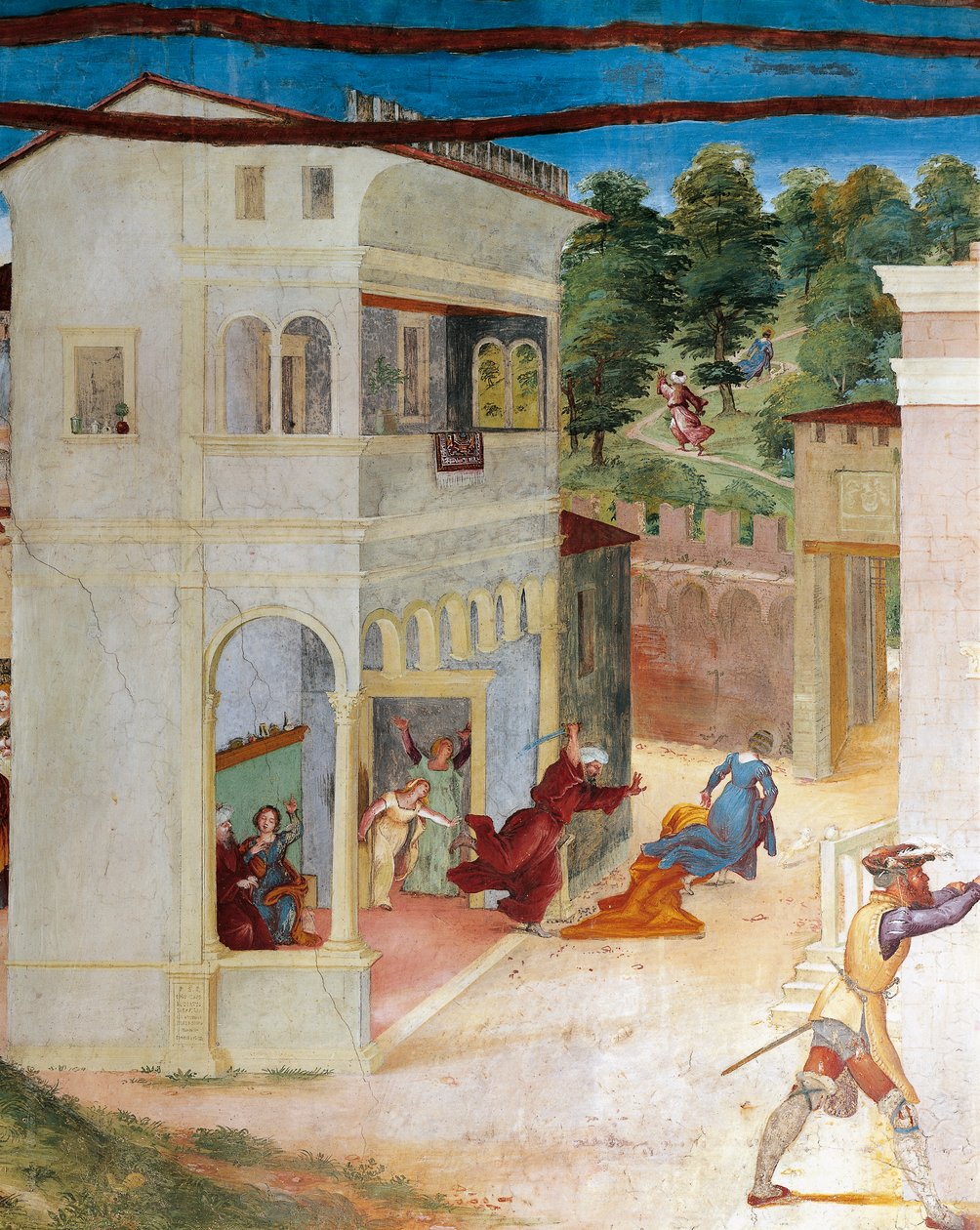 Santa Bárbara atacada pelo pai, detalhe de Christ-Vine e Legenda de Santa Bárbara por Lorenzo Lotto (cerca de 1480 - 1556), fresco, detalhe, Villa Suardi, Capella Suardi, Trescore Balneario de Lorenzo Lotto