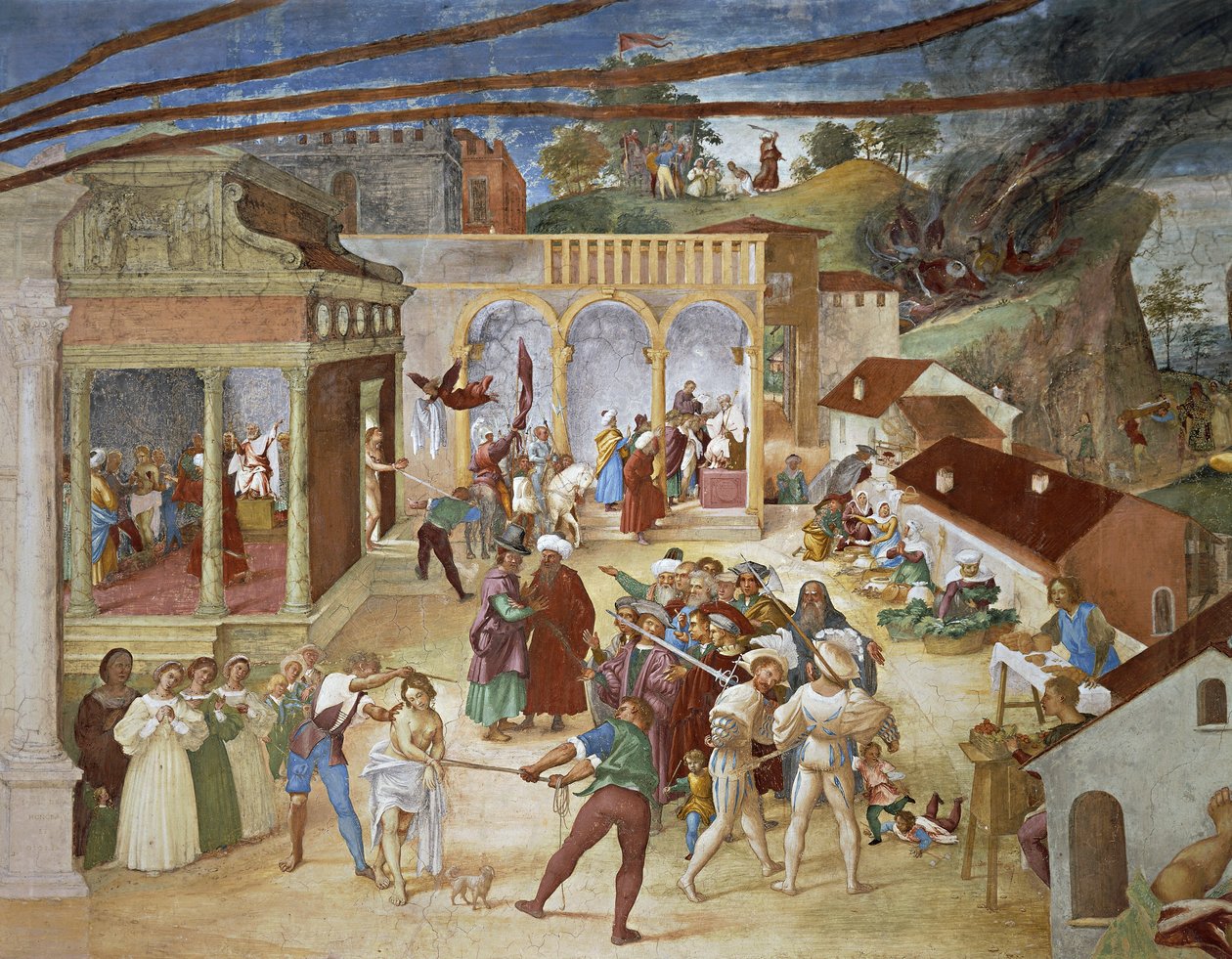 Santa Bárbara sendo conduzida pelas ruas da cidade, detalhe de Christ-Vine e Legenda de Santa Bárbara por Lorenzo Lotto (cerca de 1480 - 1556), fresco, detalhe, Villa Suardi, Capella Suardi, Trescore Balneario de Lorenzo Lotto