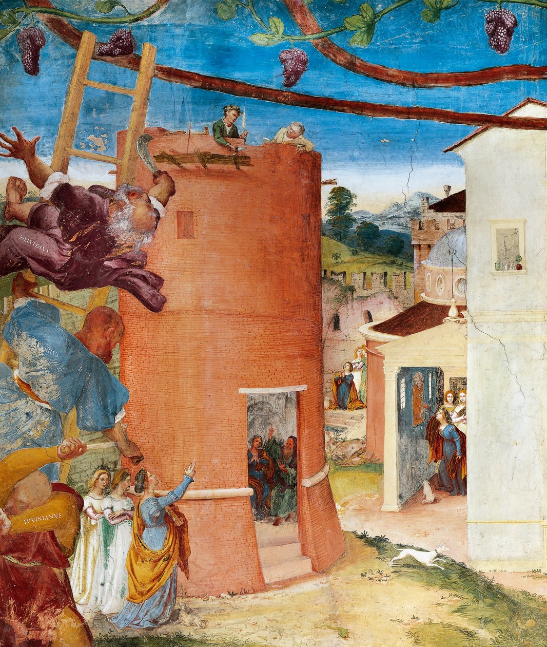Santa Bárbara em torre, detalhe de Christ-Vine e Legenda de Santa Bárbara por Lorenzo Lotto (cerca de 1480 - 1556), fresco, detalhe, Villa Suardi, Capella Suardi, Trescore Balneario de Lorenzo Lotto