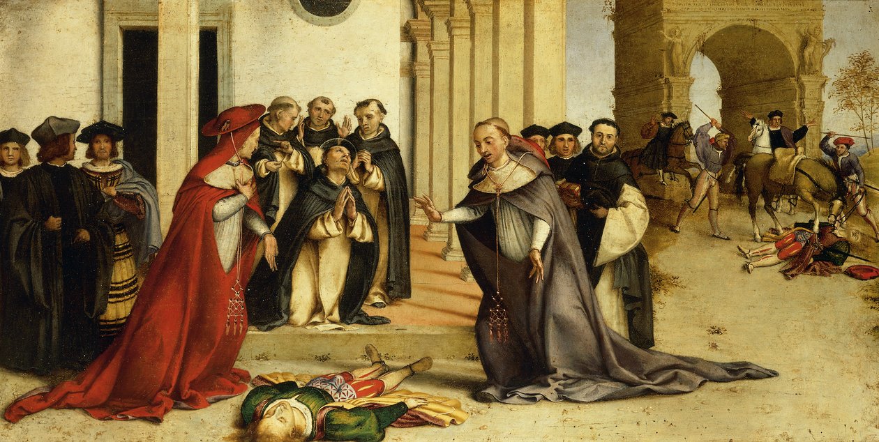 São Domingos ressuscitando Napoleone Orsini por Lorenzo Lotto (1480 circa- 1556), óleo sobre painel, 51,8x97,5 cm de Lorenzo Lotto
